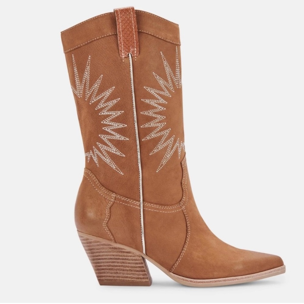 Dolce Vita Cream Tan Heeled Boots with Western Flair